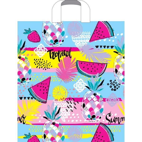 Пакет с петлевой ручкой, 42*38*3 см, полиэтилен 37 мкм, Тропические фрукты Пакет с петлевой ручкой, 42*38*3 см, полиэтилен 37 мкм, Тропические фрукты