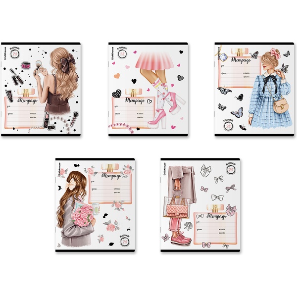 Тетрадь А5, клетка, 24 л., на скобе, 60 г/м², выб. лак, глиттер, ErichKrause Fashion Girl_MIX-PACK