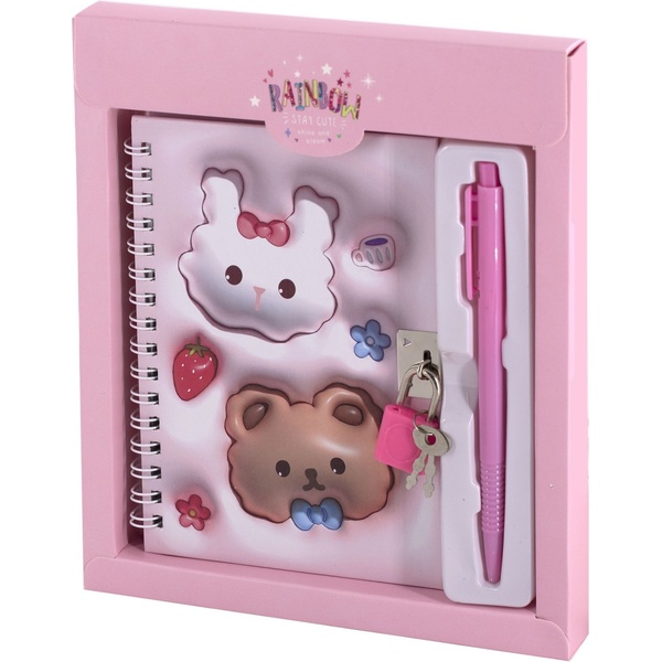 Блокнот с замочком + авторучка в подар. упак. (B6, 45 л., клетка, 3D-обл., гребень) Alingar Зайка и мишка/ Розовый