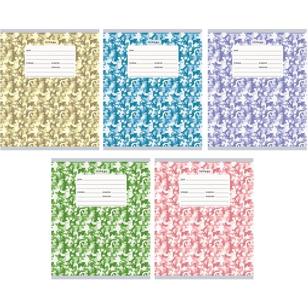 Тетрадь А5, клетка, 24 л., на скобе, 60 г/м², выб. лак, Listoff Разноцветный камуфляж_5 дизайнов