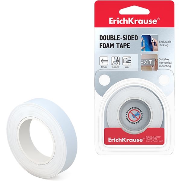 Лента клейкая 2-сторонняя, 15 мм * 2 м, 1 мм, вспененная основа, белая, ErichKrause (блистер)