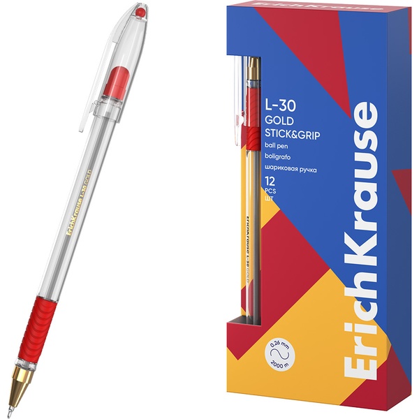 Ручка шариковая красная, 0.7 мм "игла", эрг. грип, метал. н-к, ErichKrause L-30 Gold Stick&Grip Classic