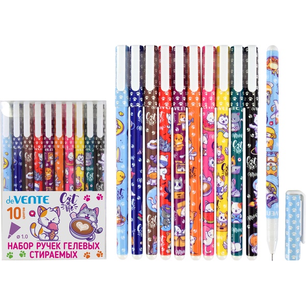 Ручки гелевые "пиши-стирай", набор 10 шт./10 цв., Ø 0.5 мм, лин. 0.4 мм, deVENTE Из жизни котиков АКЦИЯ!