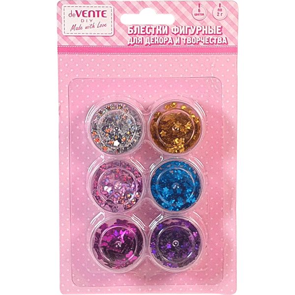 Блестки (глиттер) для декорирования, 6 цв. по 2 г, фигурные, р-р 3-4 мм, deVENTE Bright