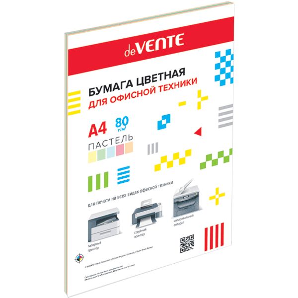 Бумага цветная А4/80/50 л., пастельная, 5 цветов, ПЭТ с подложкой, deVENTE