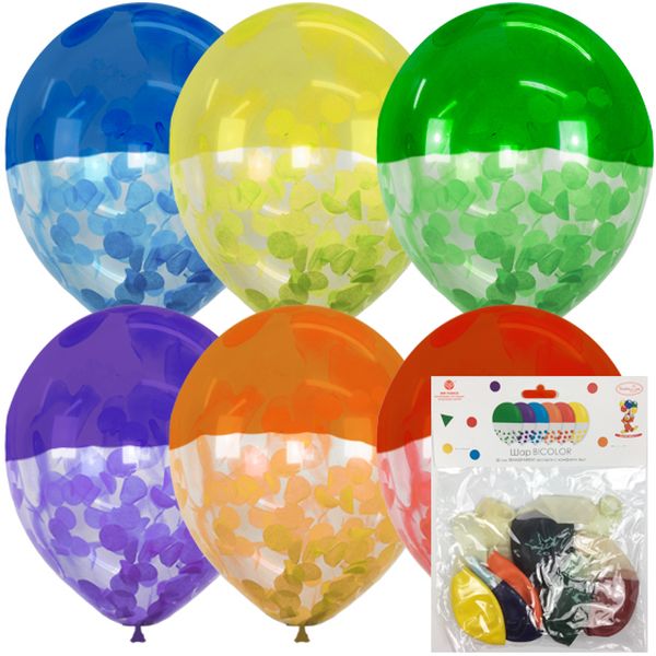 Шары воздушные однотонные с конфетти, Ø30 см, латекс, ДЕКОРАТОР TRANSPARENT_Bicolor ассорти (6 шт.)