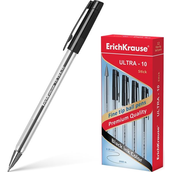 Ручка шариковая черная, 0.7 мм "игла", рифл. упор, метал. н-к, ErichKrause ULTRA-10 Stick Classic
