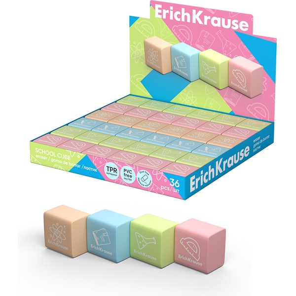 Ластик ErichKrause School cube, TPR (Dust Free), квадратный, 22*22*17 мм, 4 дизайна