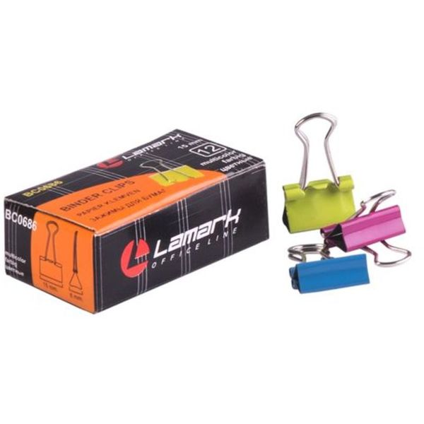 Зажимы для бумаг 15 мм, 12 шт., цветные, LAMARK Неон  Акция!