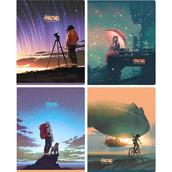 Тетрадь А5, клетка, 80 л., на скобе, 60 г/м² (90%), BG Эконом Удивительный мир_4 дизайна  Акция!