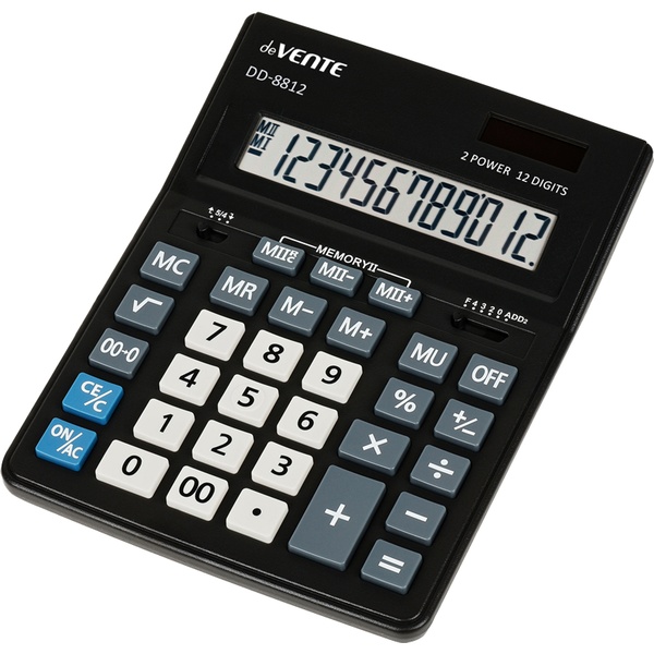 Калькулятор бухгалтерский deVENTE DD-8812, 12-разряд., 2 яч. памяти, дв. питание, 00, →, MU, черный Калькулятор бухгалтерский deVENTE DD-8812, 12-разряд., 2 яч. памяти, дв. питание, 00, →, MU, черный