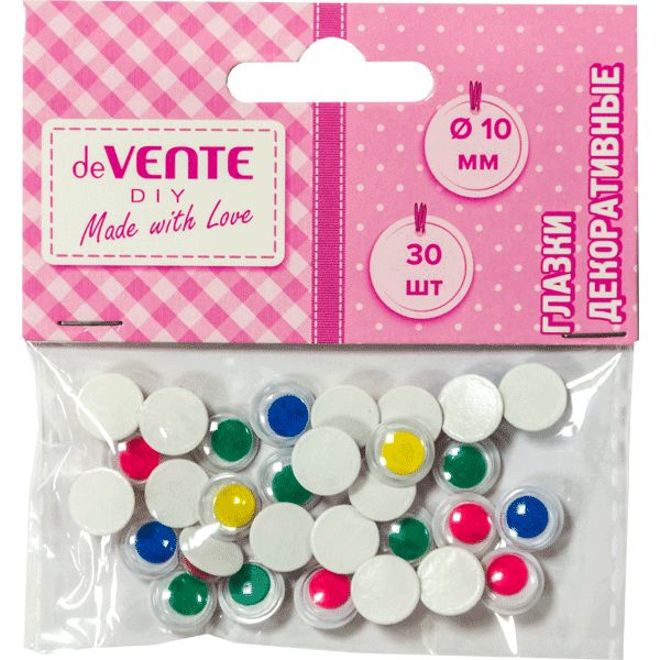 Глазки самоклеящиеся, Ø10 мм, подвижные, цв.: ассорти, пластик., deVENTE (36 шт.)