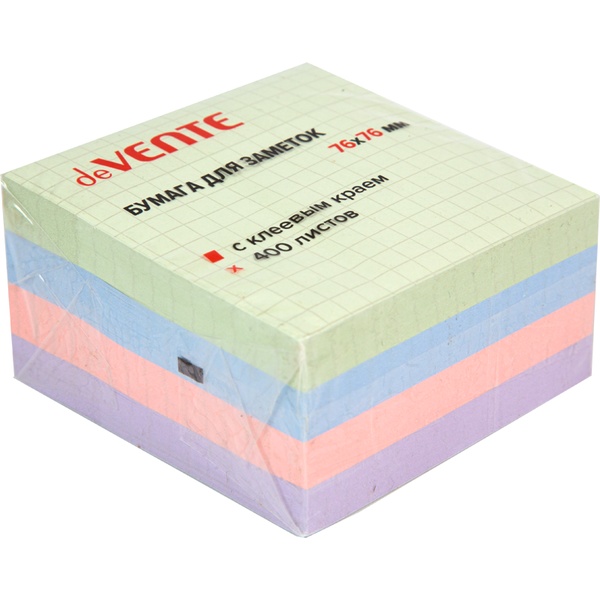 Бумага для заметок с клеевым краем, 76*76 мм, 400 л., 75 г/м², пастельная, 4 цвета в клетку, deVENTE