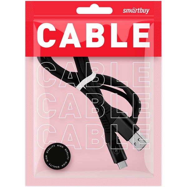 Дата-кабель Smartbuy USB - Type C, в резин. оплетке Gear, длина 1,0 м, до 2А, черный