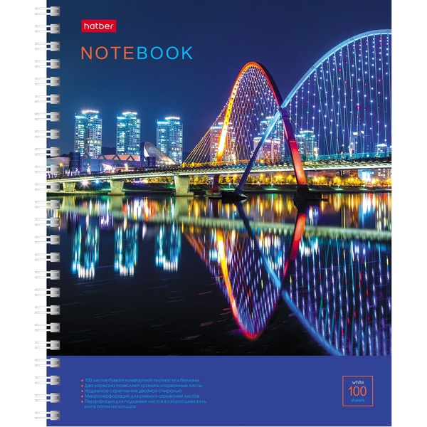 Тетрадь А5, клетка, 100 л., на гребне, 60 г/м², уф-лак, перф., карман, Hatber Огни ночного города