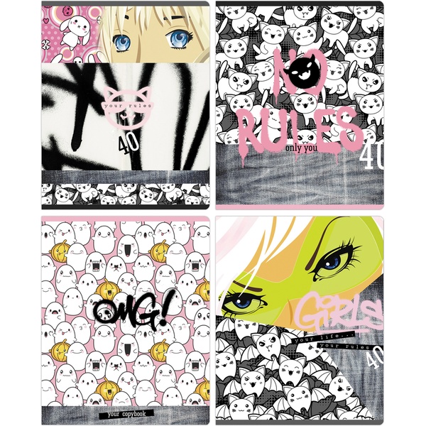 Тетрадь А5, клетка, 40 л., на скобе, 60 г/м², выб. лак, BG No rules_4 дизайна