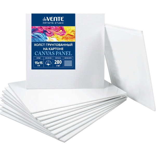Холст на картоне грунтованный, 15*15 см, 100% хлопок, м/зерно, 280 г/м², deVENTE Artistic Studio