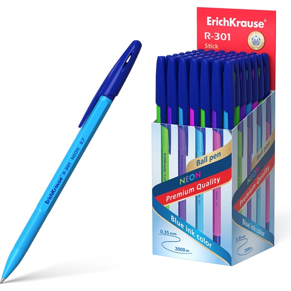 Ручка шариковая синяя, 0.7 мм, рифл. грип, ErichKrause R-301 Stick Neon_4 дизайна Ручка шариковая синяя, 0.7 мм, рифл. грип, ErichKrause R-301 Stick Neon_4 дизайна