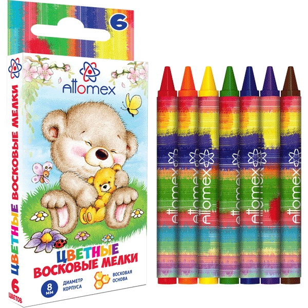 Мелки восковые 6 цветов, круглые, Ø 8 мм, бум. обертка, Attomex 