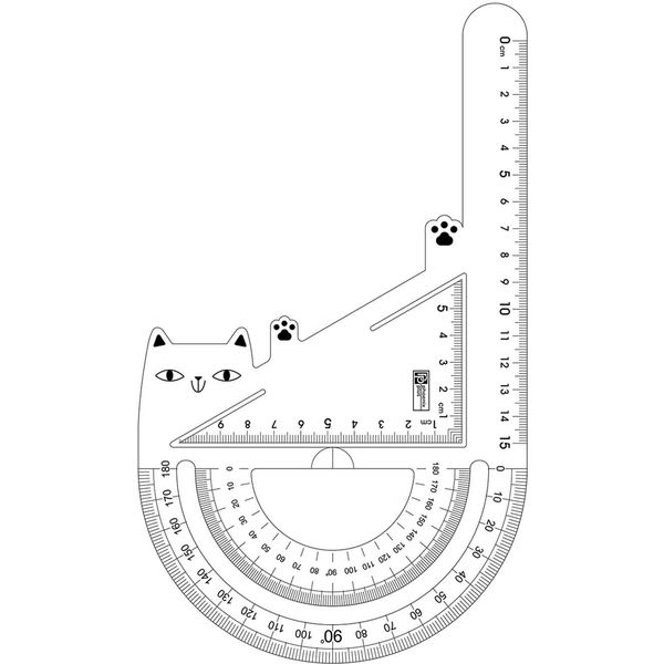 Инструмент чертежный 3 в 1: метрическая 15 см,  углы 30°/60°/90°, транспортир, ФЕНИКС+ Кот (прозрачный)