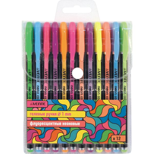 Ручки гелевые, набор 12 шт./12 цв., Ø 1.0 мм, лин. 0.45 мм, deVENTE Neon Black