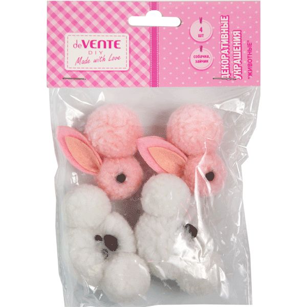 Декор для творчества deVENTE Зайчики и собачки, текстиль, 50*60 мм, цв.: розовый/белый (4 шт.) Акция!