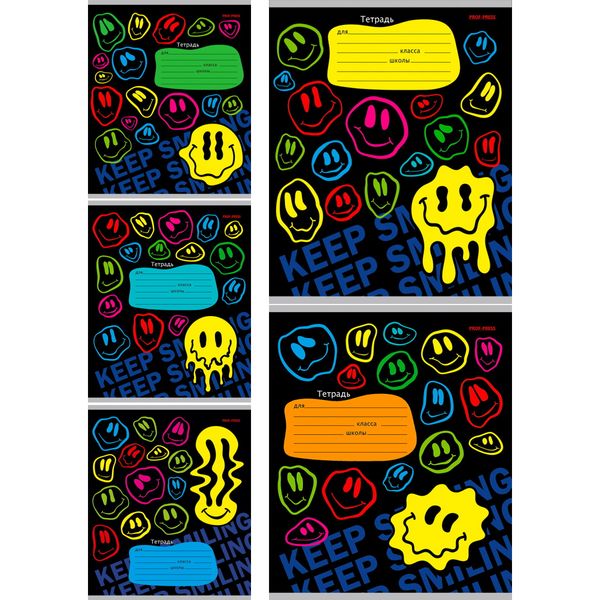 Тетрадь А5, клетка, 12 л., на скобе, 60 г/м², мел. бумага, Prof-Press Crazy smile_5 дизайнов Акция!