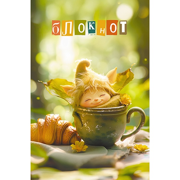 Блокнот на скобе А6, 32 л., клетка, 60 г/м², вд-лак, PLANO Гномик в чашке  Акция!