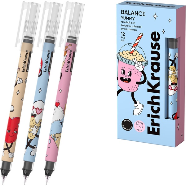 Ручка-роллер, черная, Ø 0.5 мм "игла", лин. 0.35 мм, ДП 800 м, Free Ink, ErichKrause Balance Stick Yummy_3 дизайна