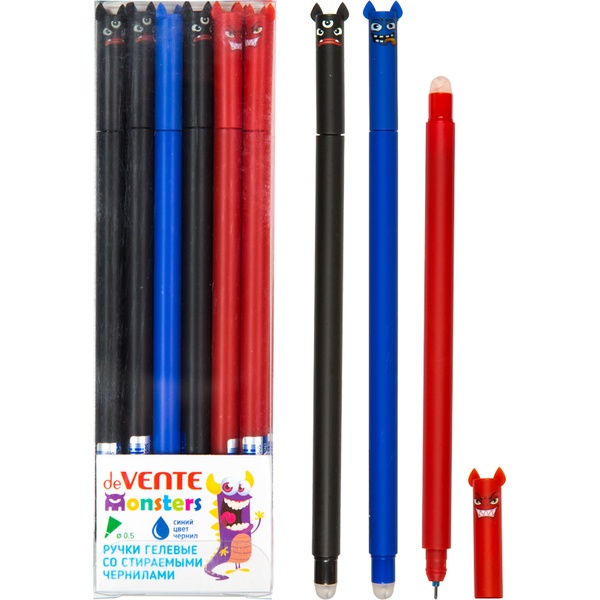 Ручка "пиши-стирай" гелевая, синяя, Ø 0.5 мм "игла", лин. 0.4 мм, круг. корпус, deVENTE Monsters_3 дизайна