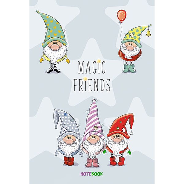 Блокнот на скобе А5, 32 л., линия, PLANOGRAF Друзья гномики, двойная обложка пластик + картон