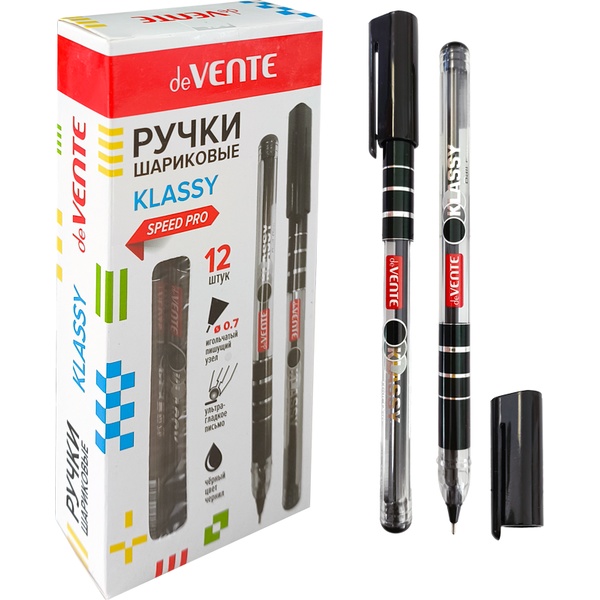 Ручка шариковая черная, 0.7 мм "игла", прозр. круг. корп., одноразовая, deVENTE Speed Pro_Klassy