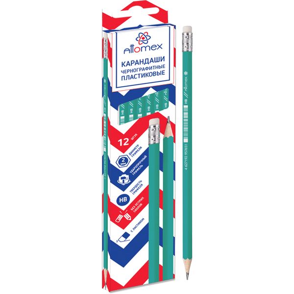 Карандаш чернографитный с ластиком, HB, пластиковый, шестигранный, зеленый, Attomex Карандаш чернографитный с ластиком, HB, пластиковый, шестигранный, зеленый, Attomex