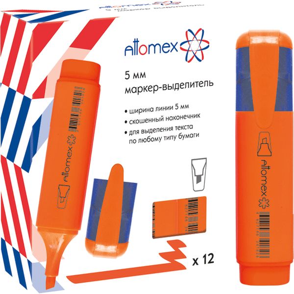 Текстмаркер оранжевый, неоновый, ШЛ 1-5 мм, н-к "клин", Attomex  Акция!