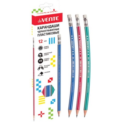 Карандаш чернографитный с ластиком, HB, пластиковый (гибкий), шестигранный, ассорти 3 цвета, deVENTE Карандаш чернографитный с ластиком, HB, пластиковый (гибкий), шестигранный, ассорти 3 цвета, deVENTE