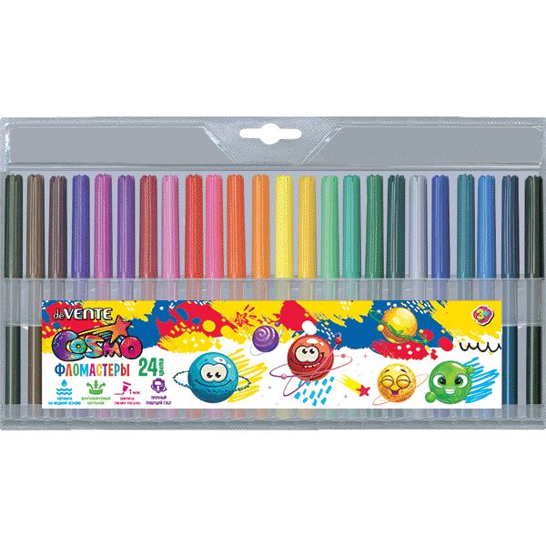 Фломастеры 24 цвета, чернила в/о, цв. вент. колпачок, круг. корп., ШЛ 1 мм, deVENTE Cosmo (пвх)