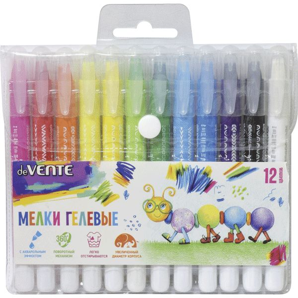 Мелки гелевые 12 цветов, экстрамягкие, поворотный м-м, колпачок с клипом, deVENTE (пвх блистер)