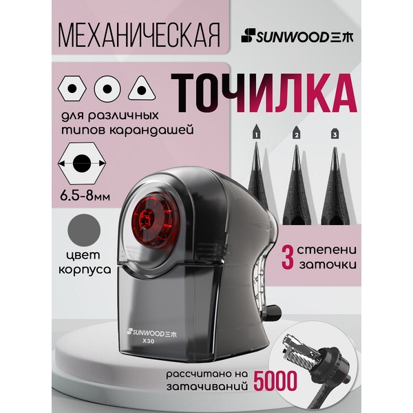 Точилка механическая, 1 отв., контейнер, пласт. корпус, 3 степени заточки, SUNWOOD Серый