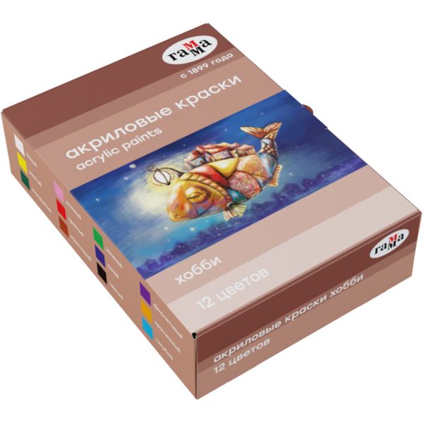 Краски акриловые декоративные ГАММА Хобби, 12 цветов, банка 20 мл, в к/к