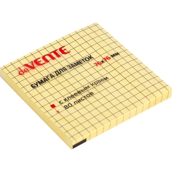 Бумага для заметок с клеевым краем, 76*76 мм, 80 л., 75 г/м², пастельная, желтая в клетку, deVENTE
