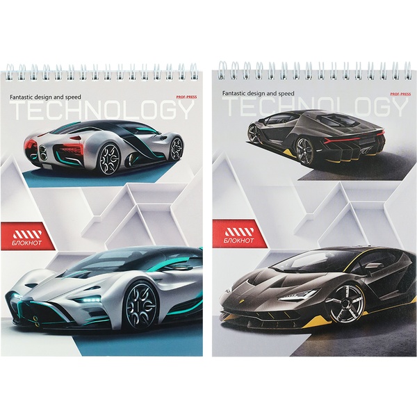 Блокнот на гребне А5, 80 л., клетка, 60 г/м², жест. подложка, Prof-Press Технологичные спорткары_2 дизайна