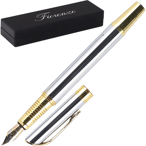 Ручка перьевая М (Medium), порш. конвертер, стальной корпус, цв.: хром/зол., FIORENZO (в футляре)