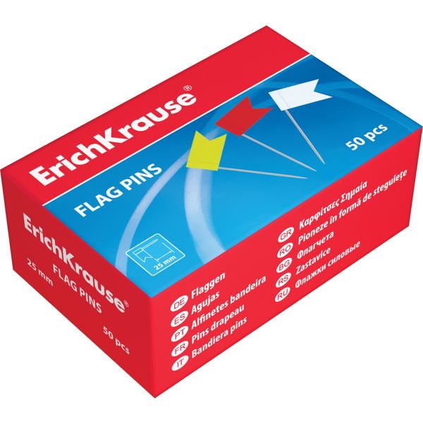 Кнопки-флажки 50 шт., игла 25 мм, цветные, к/к, ErichKrause