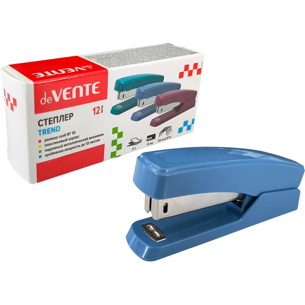Степлер № 10, до 12 л., пластик. корпус, deVENTE Trend_пепельно-синий Акция!