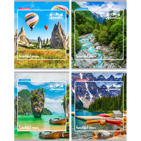 Тетрадь А5, клетка, 80 л., на скобе, 60 г/м² (92%), Profit Вдохновляющие виды_4 дизайна