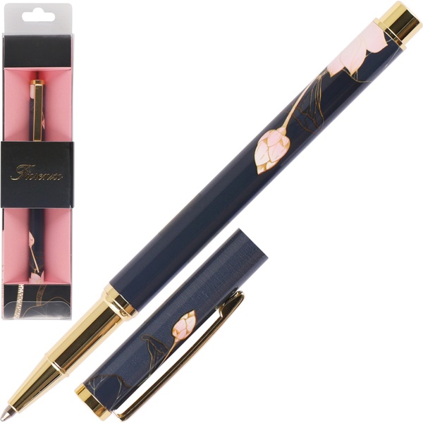 Ручка шариковая подарочная FIORENZO Цветок лотоса на черном, золот. элементы, 0.7 мм, синяя