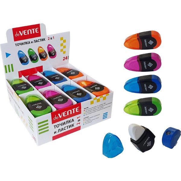 Точилка пластиковая, 1 отв., контейнер, ластик, deVENTE_4 дизайна