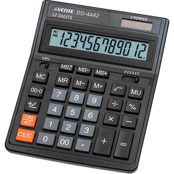 Калькулятор бухгалтерский deVENTE DD-4442, 12-разряд., 2 яч. памяти, дв. питание, 00, →, MU, черный Калькулятор бухгалтерский deVENTE DD-4442, 12-разряд., 2 яч. памяти, дв. питание, 00, →, MU, черный