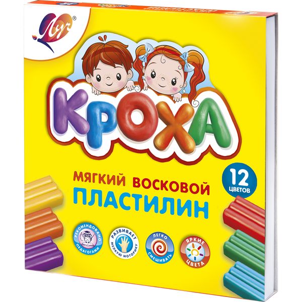 Пластилин восковой ЛУЧ Кроха: 12 цветов, брусок 15 г, стек (к/к)