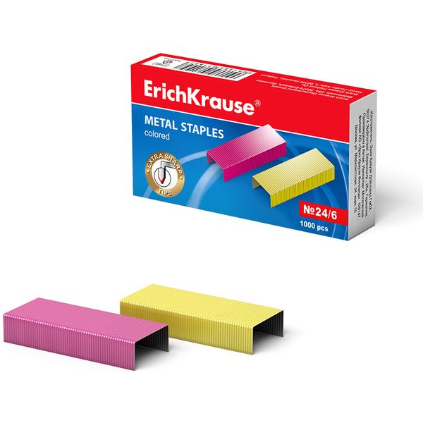 Скобы для степлера №24/6, оцинкованные, цветные, 1000 шт., ErichKrause